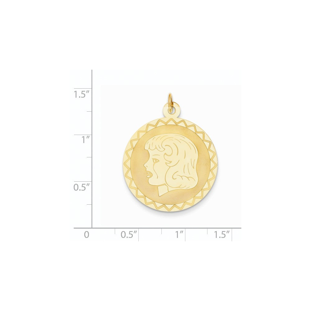 14k Yellow Gold Girl Head on .018 Gauge Engravable Scalloped Disc Charm