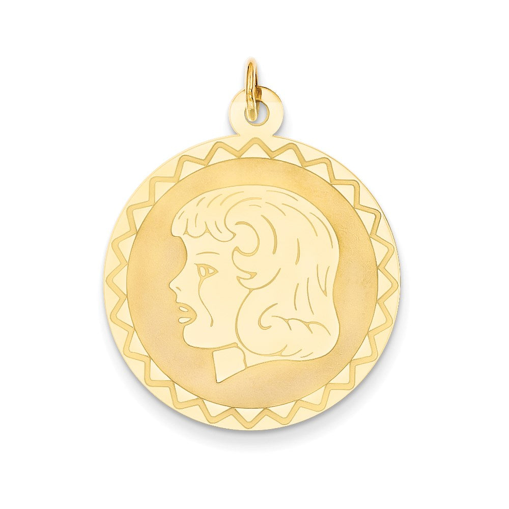 14k Yellow Gold Girl Head on .018 Gauge Engravable Scalloped Disc Charm