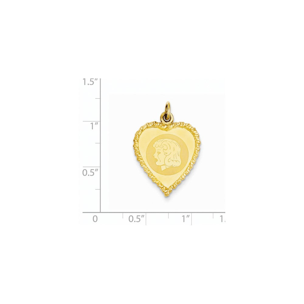 14k Yellow Gold Girl Head on .011 Gauge Engravable Pattern Heart with Rope Charm