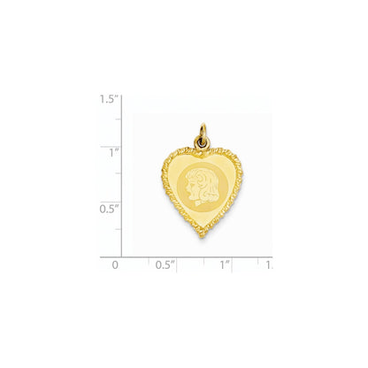 14k Yellow Gold Girl Head on .011 Gauge Engravable Pattern Heart with Rope Charm