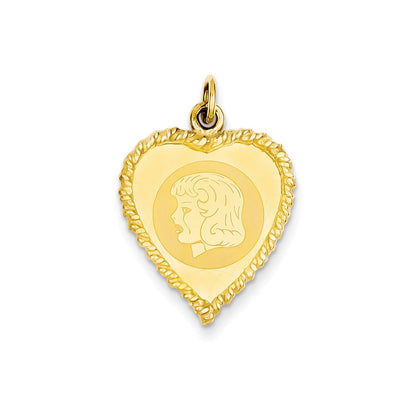 14k Yellow Gold Girl Head on .011 Gauge Engravable Pattern Heart with Rope Charm