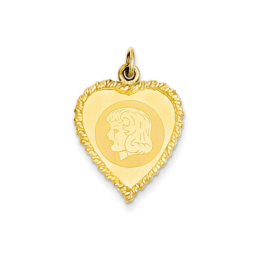 14k Yellow Gold Girl Head on .011 Gauge Engravable Pattern Heart with Rope Charm