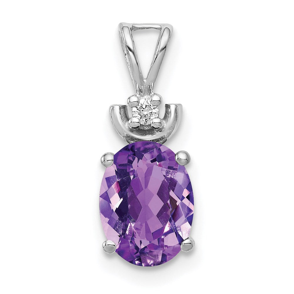 14k White Gold 8x6mm Oval Amethyst Natural Diamond Pendant