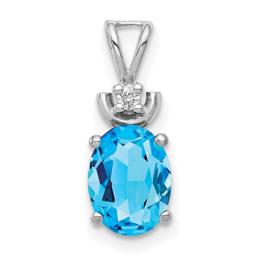 14k White Gold 8x6mm Oval Blue Topaz Natural Diamond Pendant