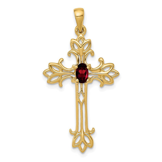 14k 5x3mm Oval Garnet cross Pendant