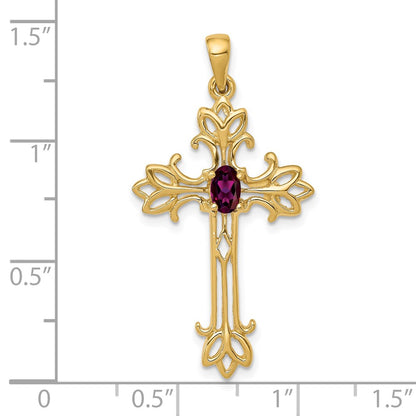 14k Yellow Gold 5x3mm Oval Rhodolite Garnet cross pendant