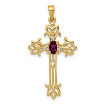 14k Yellow Gold 5x3mm Oval Rhodolite Garnet cross pendant