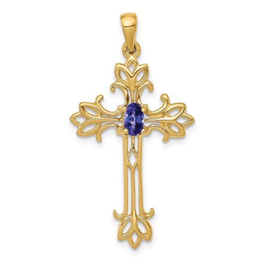 14k Yellow Gold 5x3mm Oval Tanzanite cross pendant