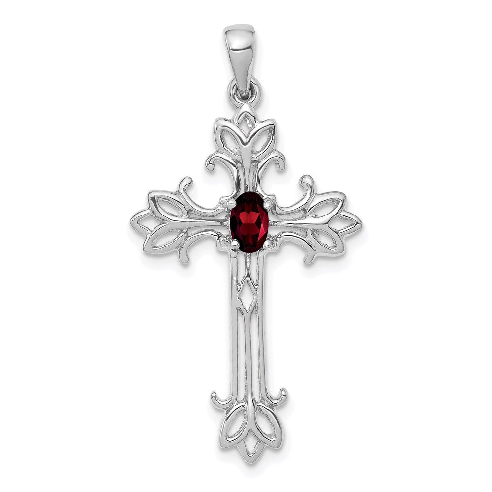 14k White Gold 5x3mm Oval Garnet cross Pendant