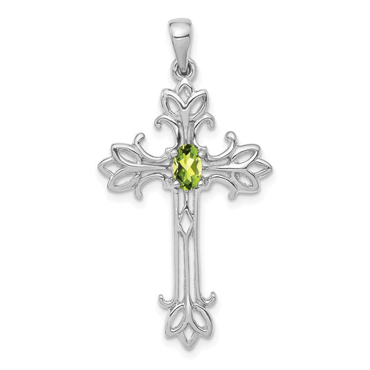 14k White Gold 5x3mm Oval Peridot cross Pendant