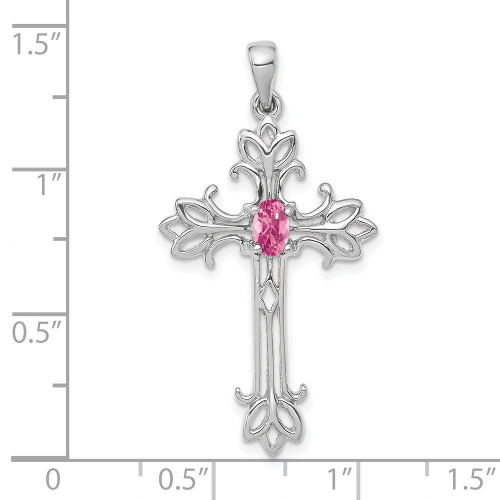 14k White Gold 5x3mm Oval Pink Tourmaline cross pendant