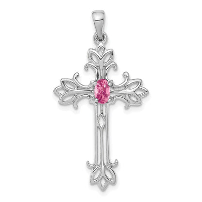 14k White Gold 5x3mm Oval Pink Tourmaline cross pendant