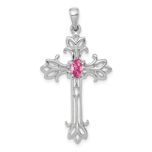 14k White Gold 5x3mm Oval Pink Tourmaline cross pendant