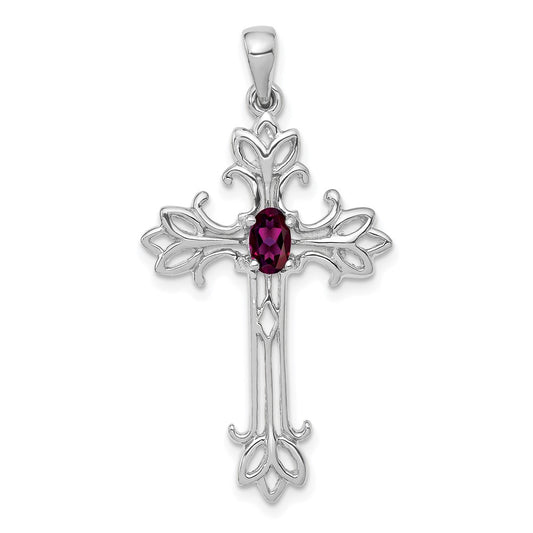 14k White Gold 5x3mm Oval Rhodolite Garnet cross pendant