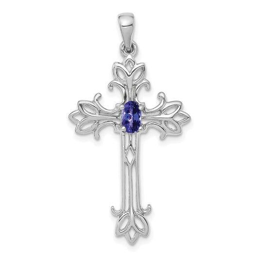 14k White Gold 5x3mm Oval Tanzanite cross pendant