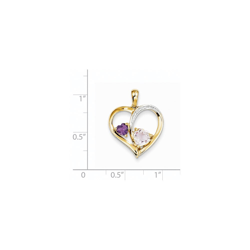 14k Diamond and Pink Quartz and Amethyst Heart Pendant