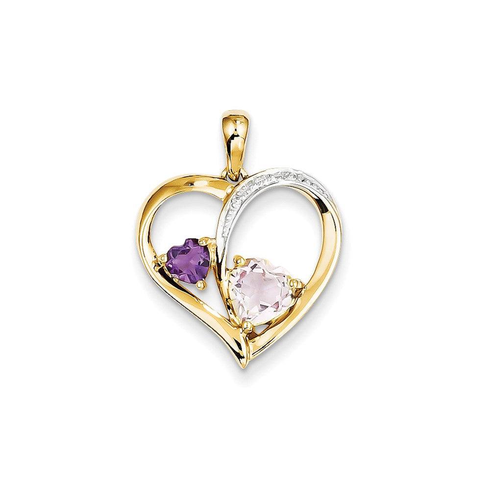 14k Diamond and Pink Quartz and Amethyst Heart Pendant