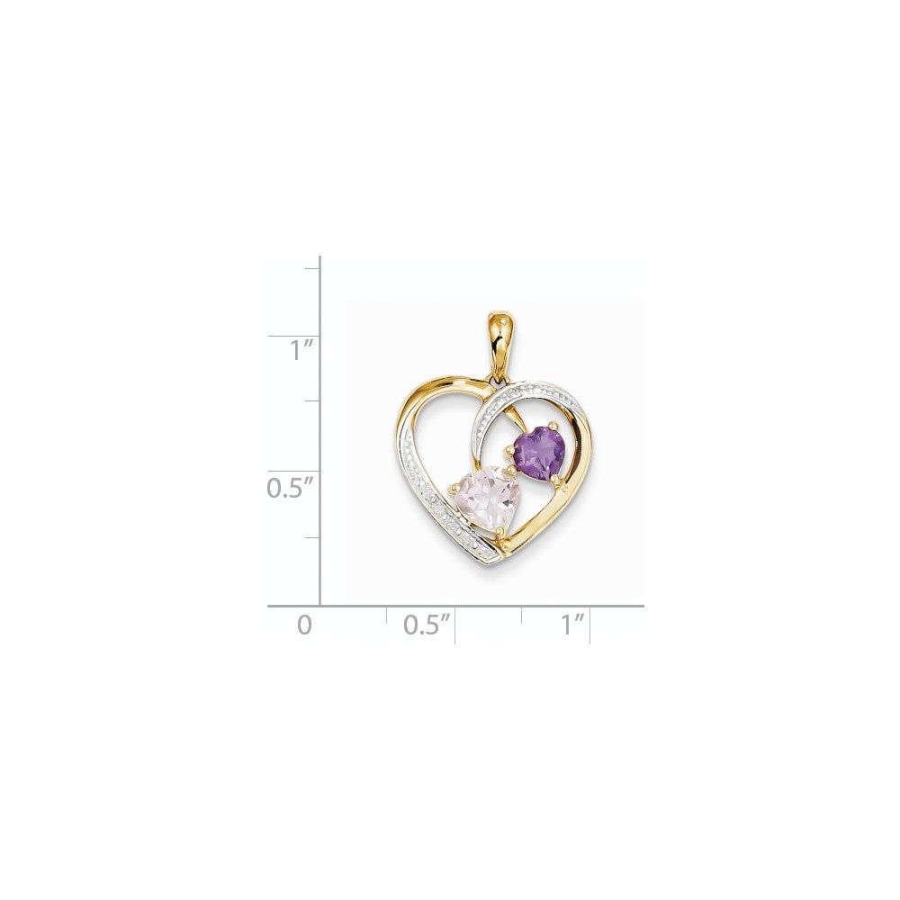 14k Diamond and Pink Quartz and Amethyst Heart Pendant