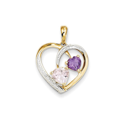 14k Diamond and Pink Quartz and Amethyst Heart Pendant