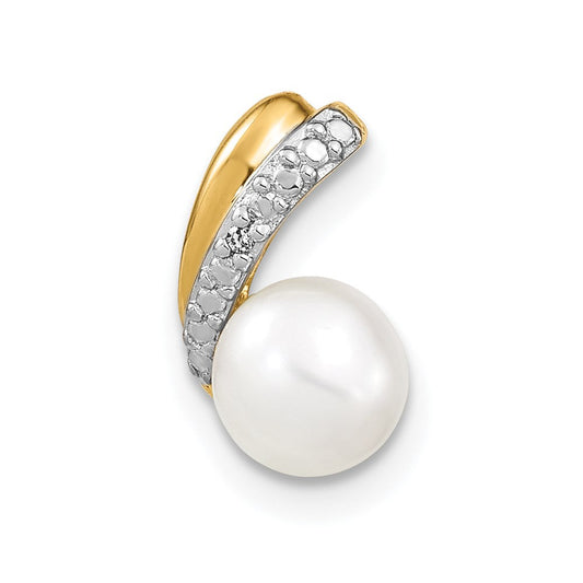 14k yellow gold 6 7mm white round fw cultured pearl and real diamond pendant xp4153