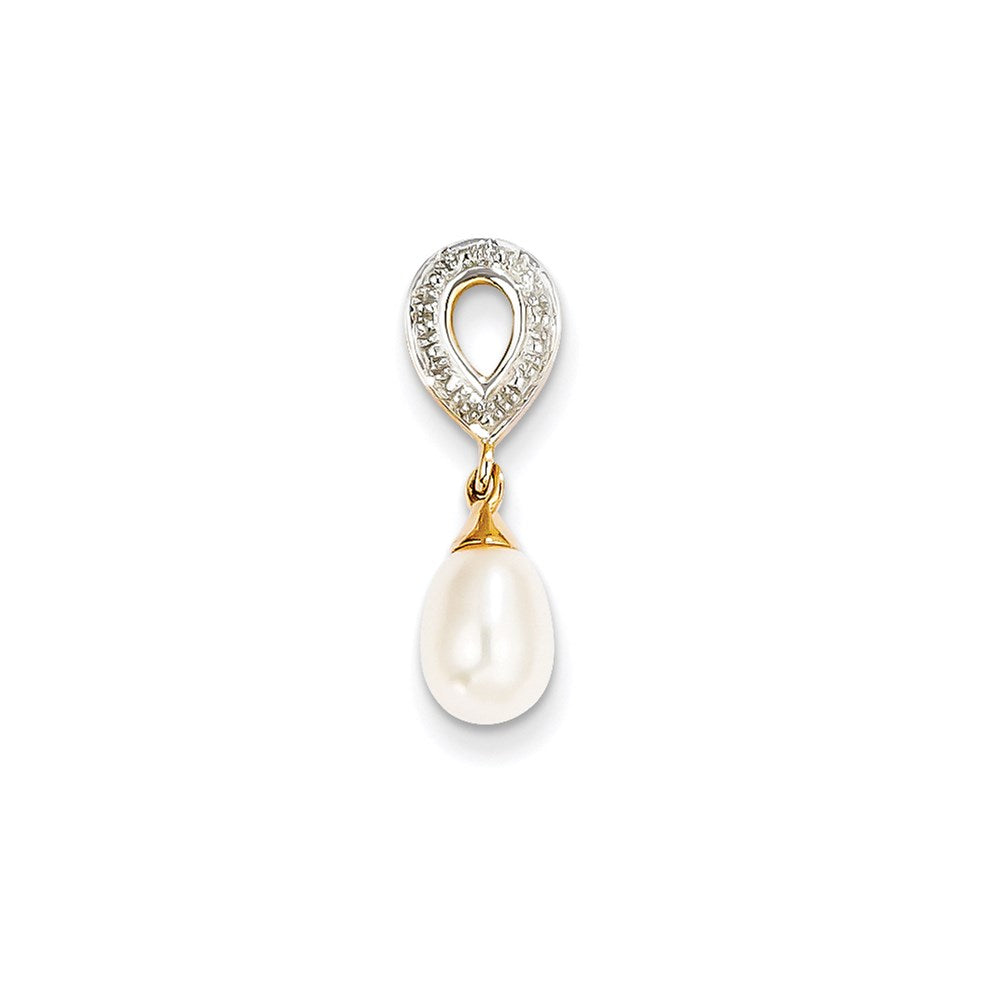 14k yellow gold real diamond and 8x6mm egg fw cultured pearl pendant xp4164