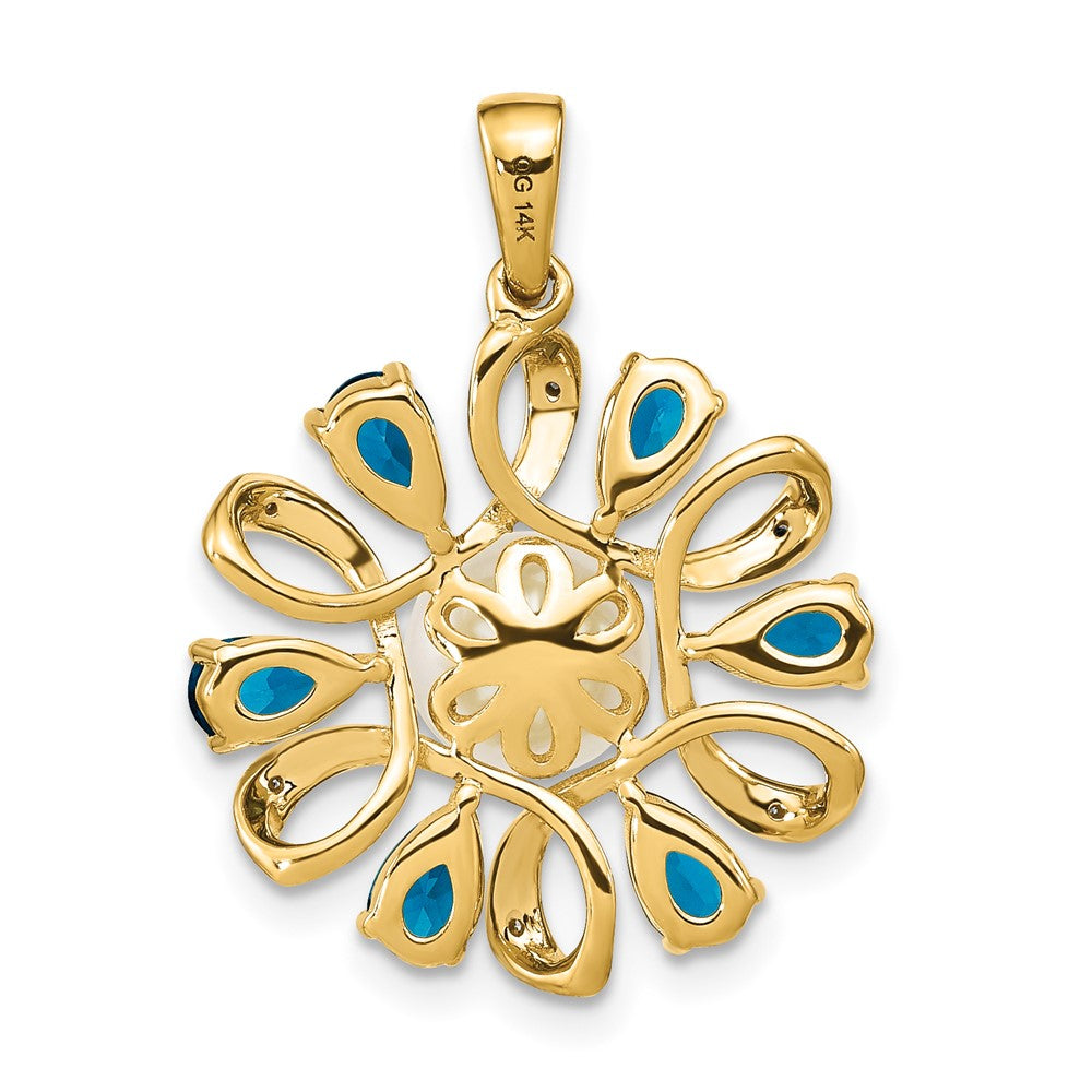 14k Diamond and 6 7mm Button FW Cultured Pearl/London Blue Topaz Pendant