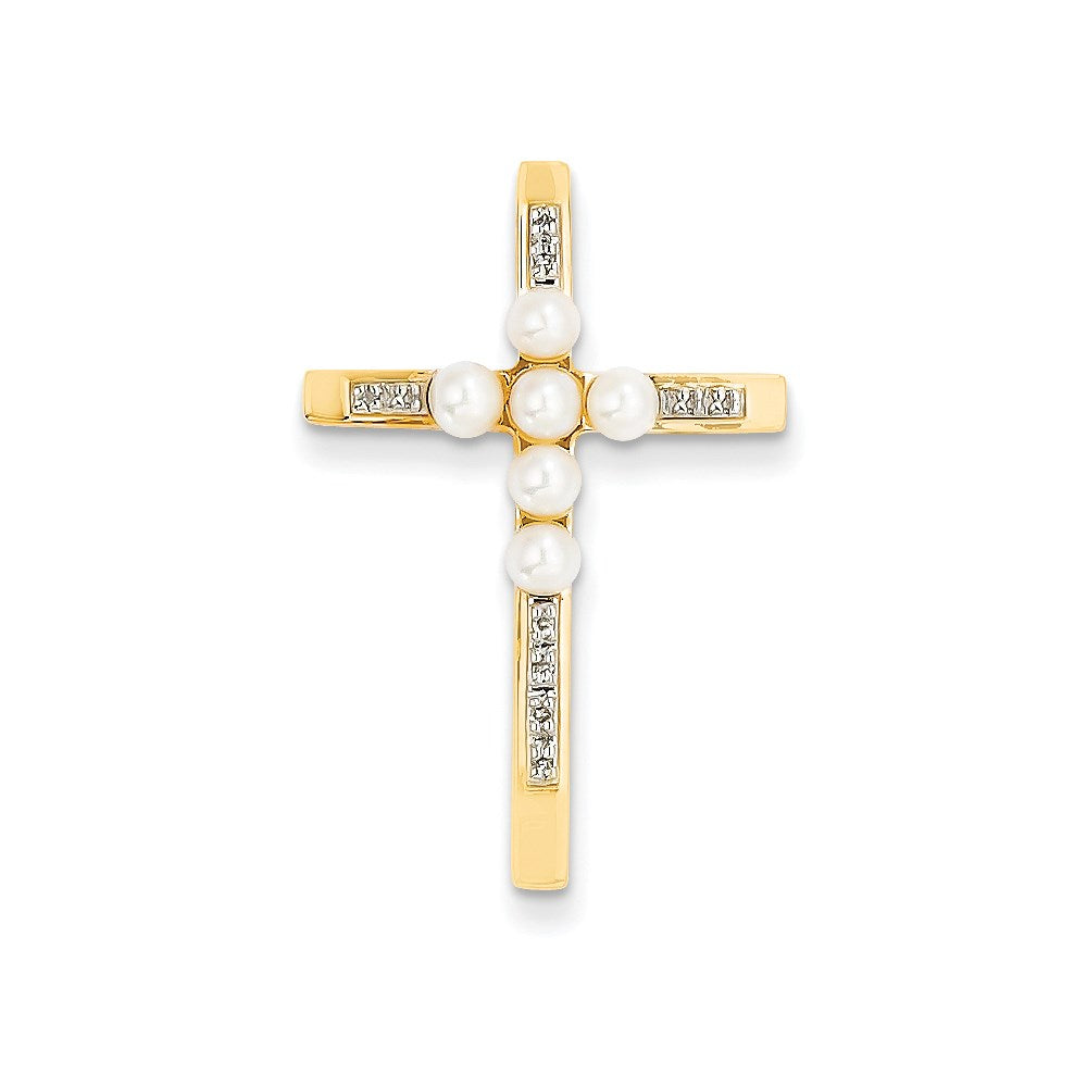 14k yellow gold real diamond and 3 4mm round fw cultured pearl cross pendant xp4173