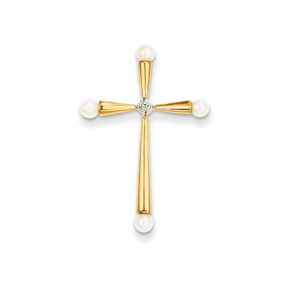 14k yellow gold real diamond and fw cultured pearl cross pendant xp4174