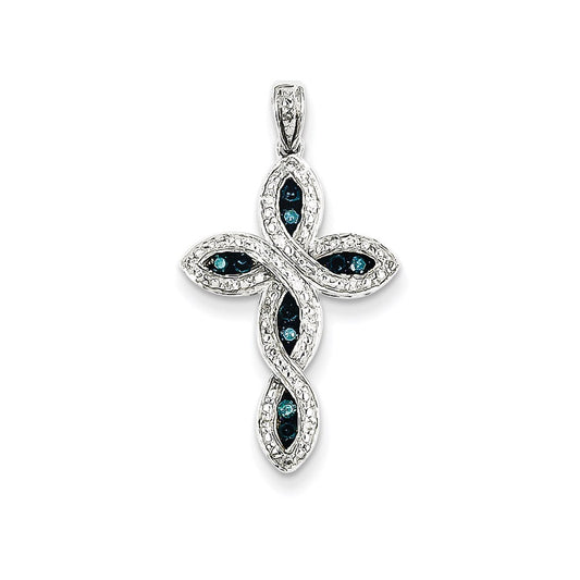 14k White Gold White u0026 Blue Diamond Cross Pendant