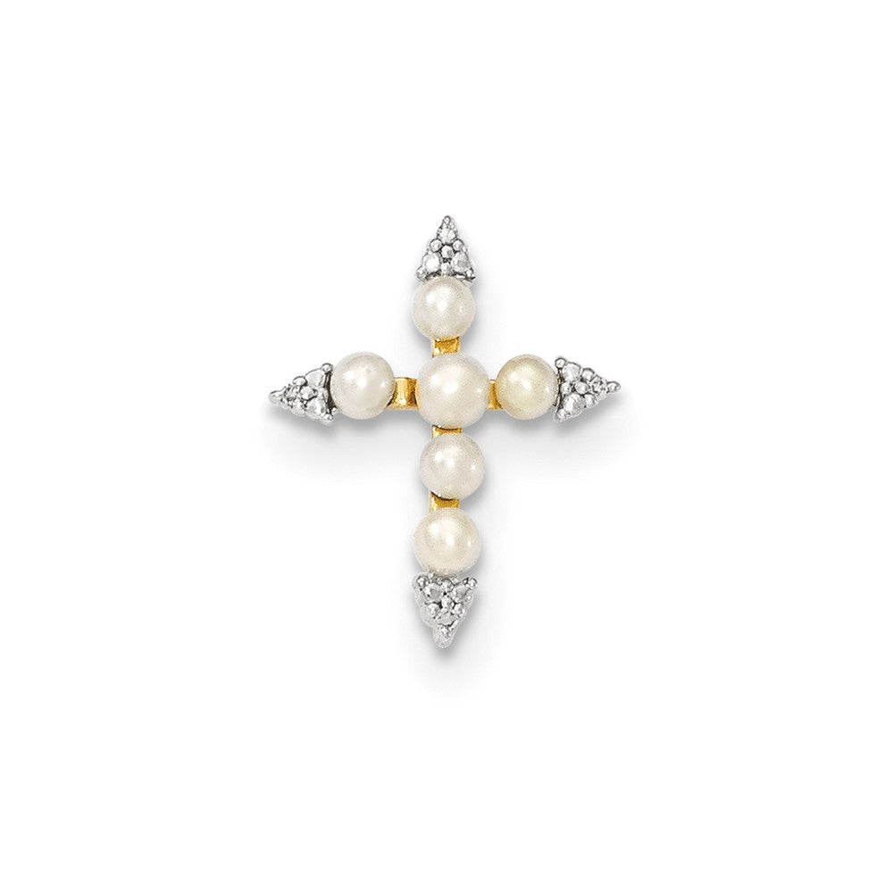 14k yellow gold fw cultured button pearl and real diamond cross pendant xp4546aa