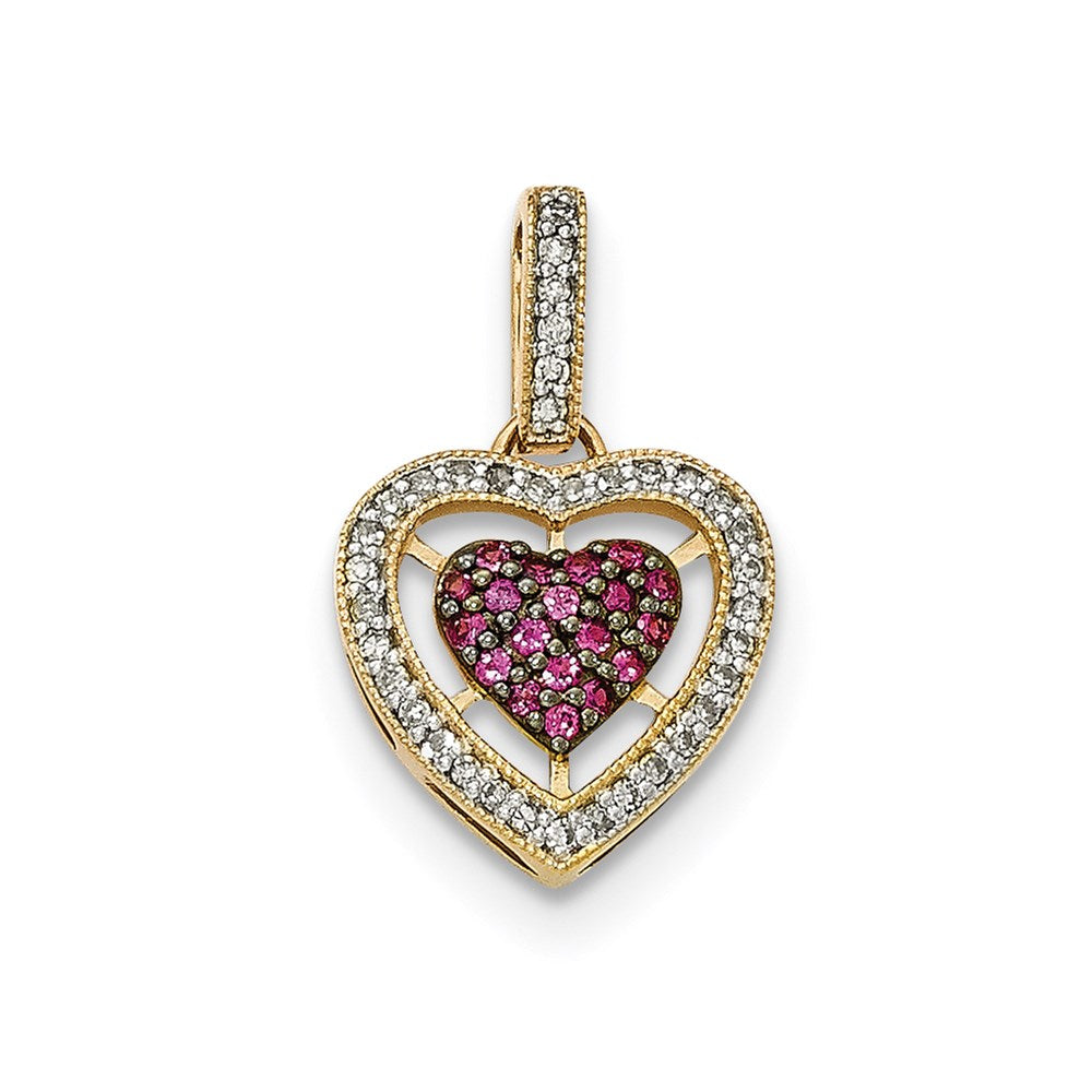 14k yellow gold polished real diamond ruby hearts pendant xp4674a