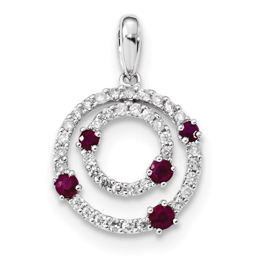 14k White Gold Diamond and Ruby Round Polished Pendant
