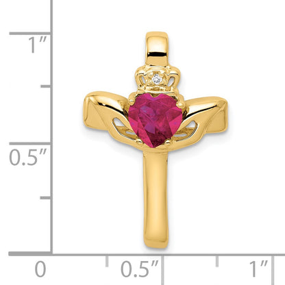 14k 6mm Claddagh Created Ruby AA Diamond Cross Pendant