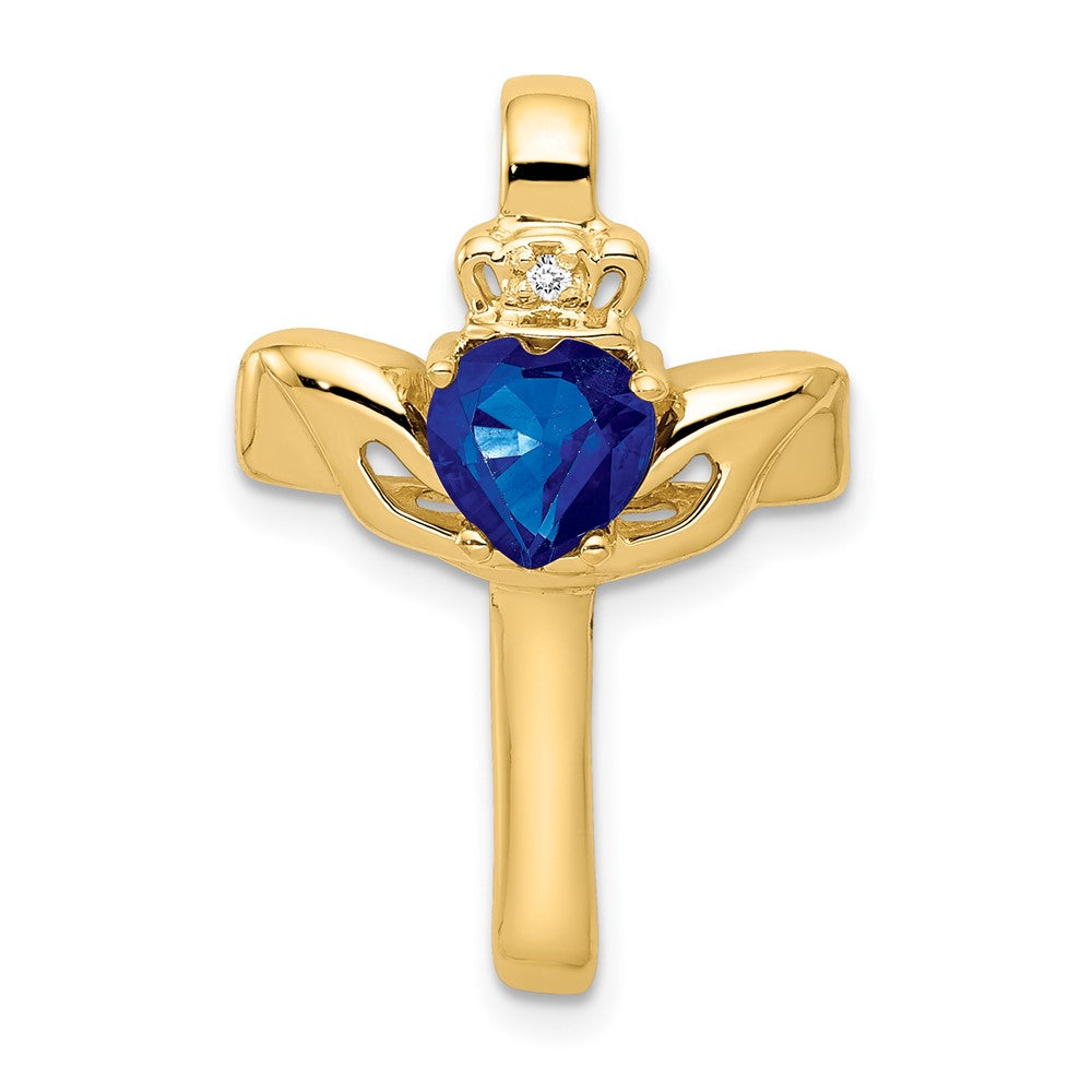 14k 6mm Claddagh Sapphire AA Diamond Cross Pendant