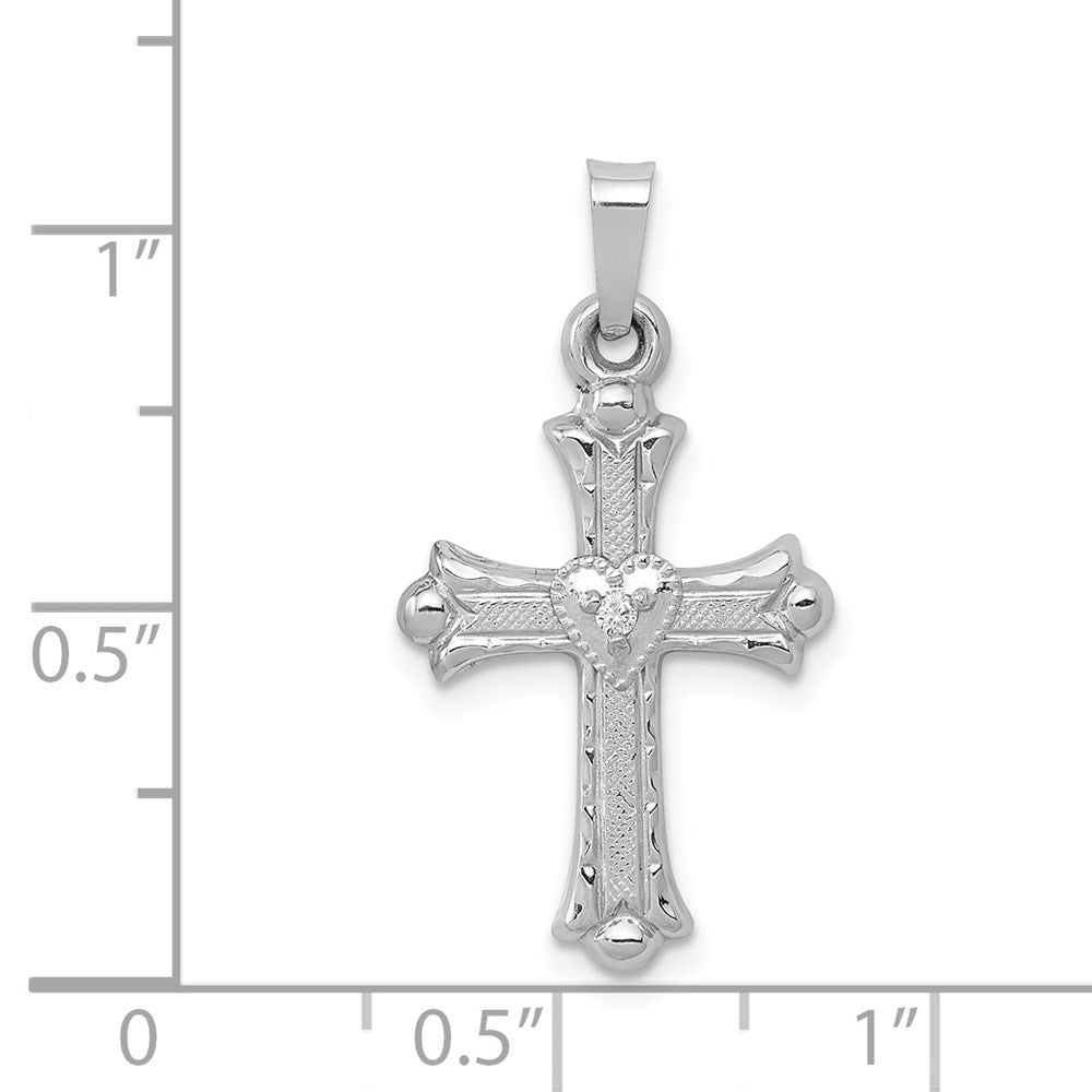 14K White Gold Diamond Textured and Polished Fleur de lis Cross Pendant
