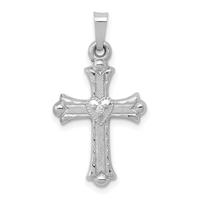 14K White Gold Diamond Textured and Polished Fleur de lis Cross Pendant