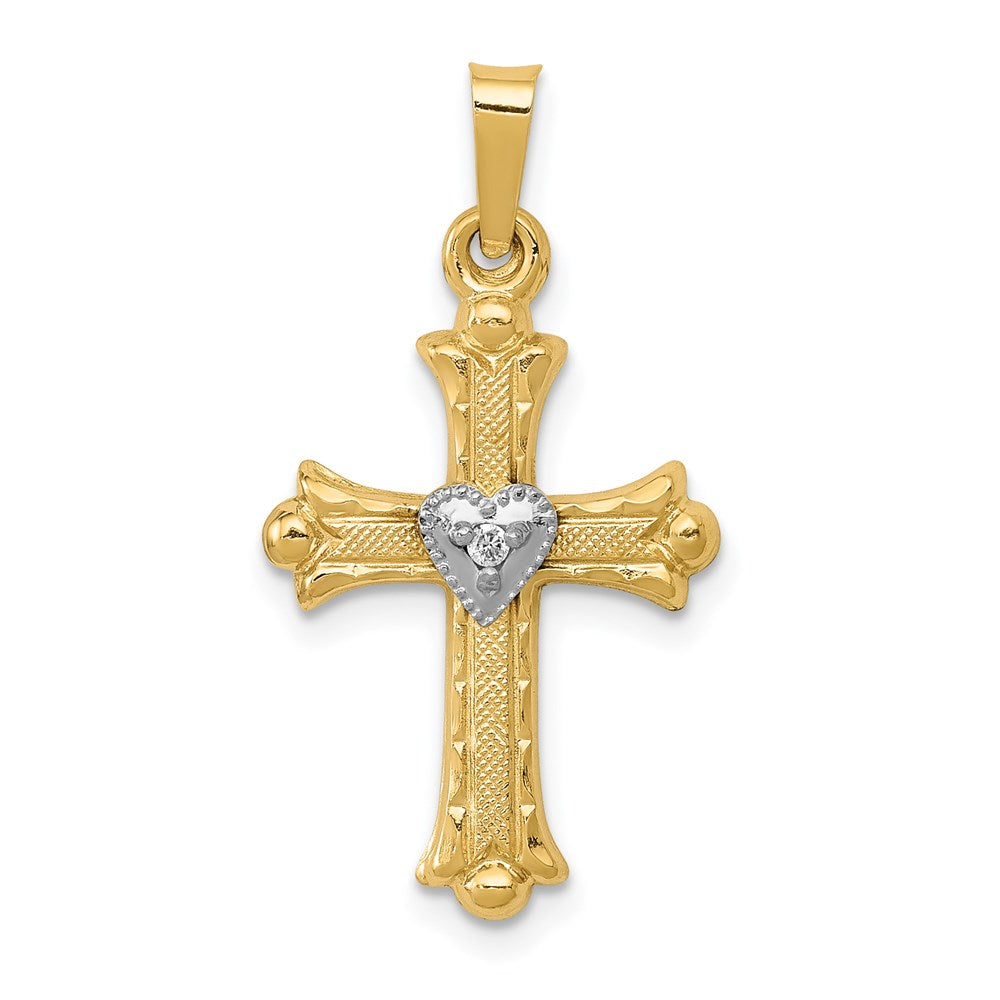 14K Diamond  Textured  Brushed and Polished Fleur de lis Cross Pendant
