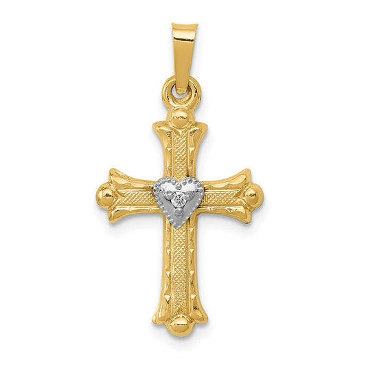 14K Diamond  Textured  Brushed and Polished Fleur de lis Cross Pendant