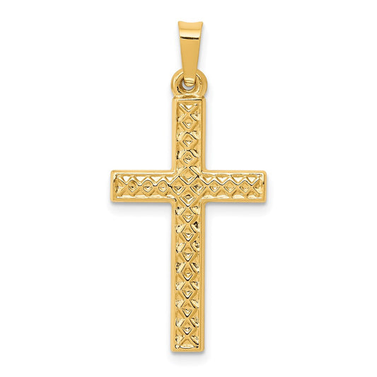 14k Yellow Gold Polished Lattice Textured Cross Pendant