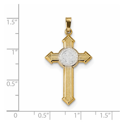 14k Two-tone Gold w/Rhodium Polished Saint Benedict Medal Cross Pendant