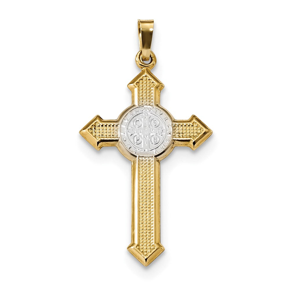 14k Two-tone Gold w/Rhodium Polished Saint Benedict Medal Cross Pendant