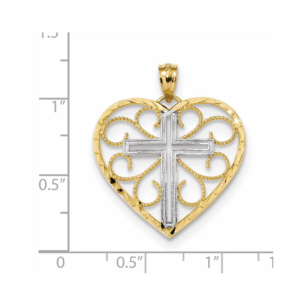 14k Yellow Gold and Rhodium Polished Diamond Cut Cross in Heart Pendant
