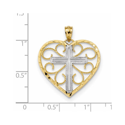 14k Yellow Gold and Rhodium Polished Diamond Cut Cross in Heart Pendant