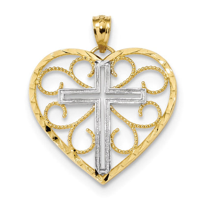 14k Yellow Gold and Rhodium Polished Diamond Cut Cross in Heart Pendant