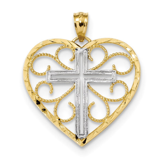 14k Yellow Gold and Rhodium Polished Diamond Cut Cross in Heart Pendant