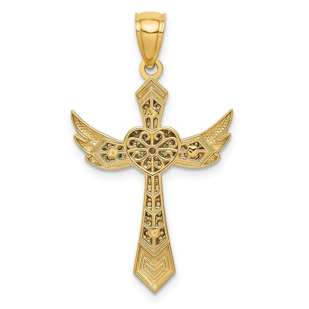 14k Yellow & Rhodium Gold White Rhodium Angel Wing Cross Pendant