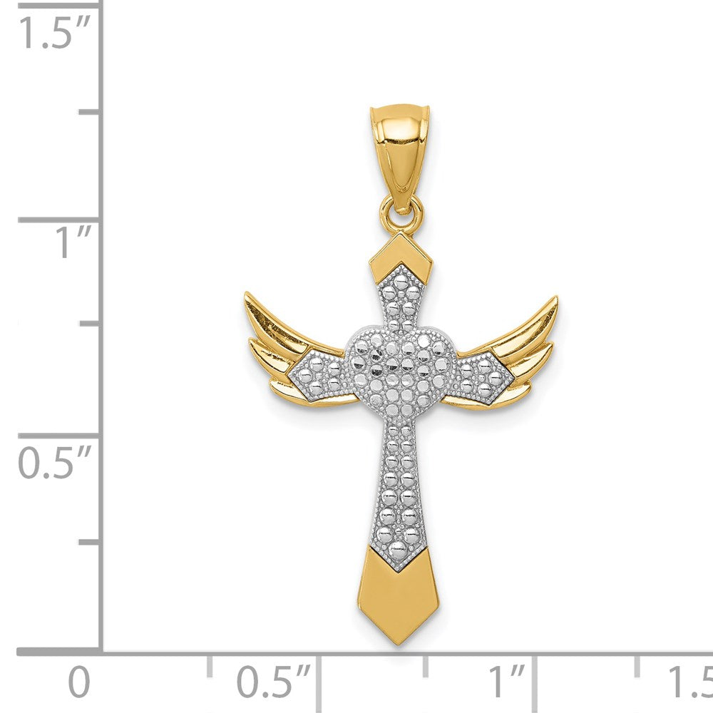 14k Yellow & Rhodium Gold White Rhodium Angel Wing Cross Pendant