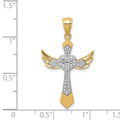 14k Yellow & Rhodium Gold White Rhodium Angel Wing Cross Pendant