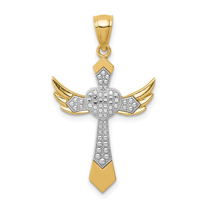 14k Yellow & Rhodium Gold White Rhodium Angel Wing Cross Pendant