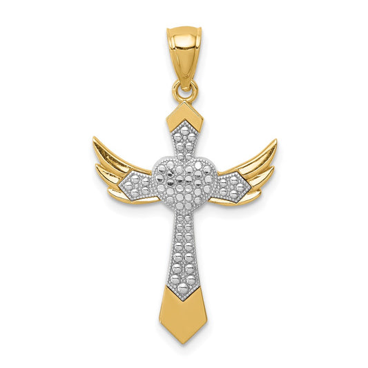 14k Yellow & Rhodium Gold White Rhodium Angel Wing Cross Pendant